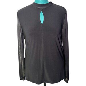 DKNY Y2K Black Polyester/Spandex Keyhole Blouse with Sheer Sleeves Size Large